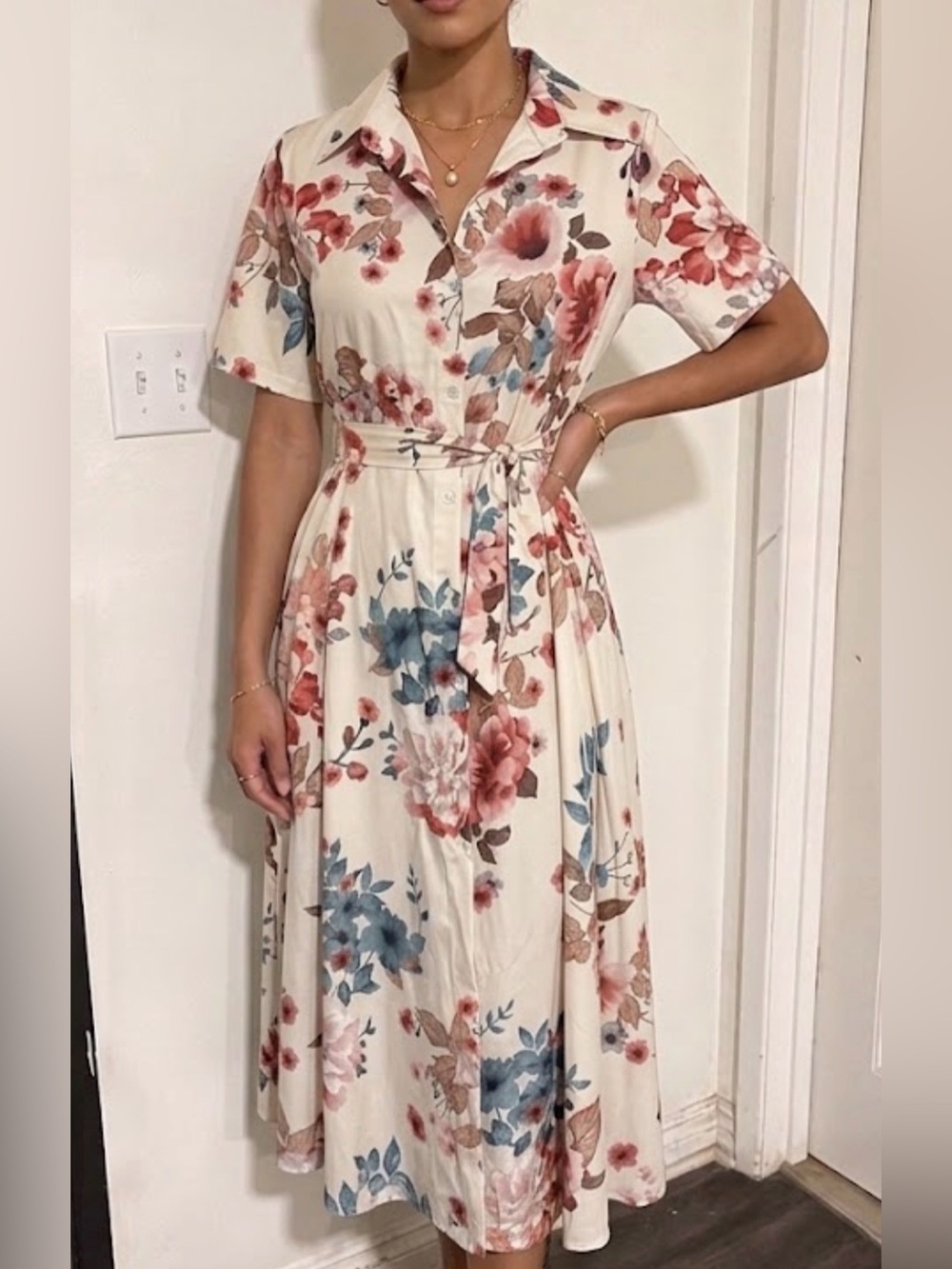 Floral Button-Front Midi Dress in Cream with Pink & Blue Blooms